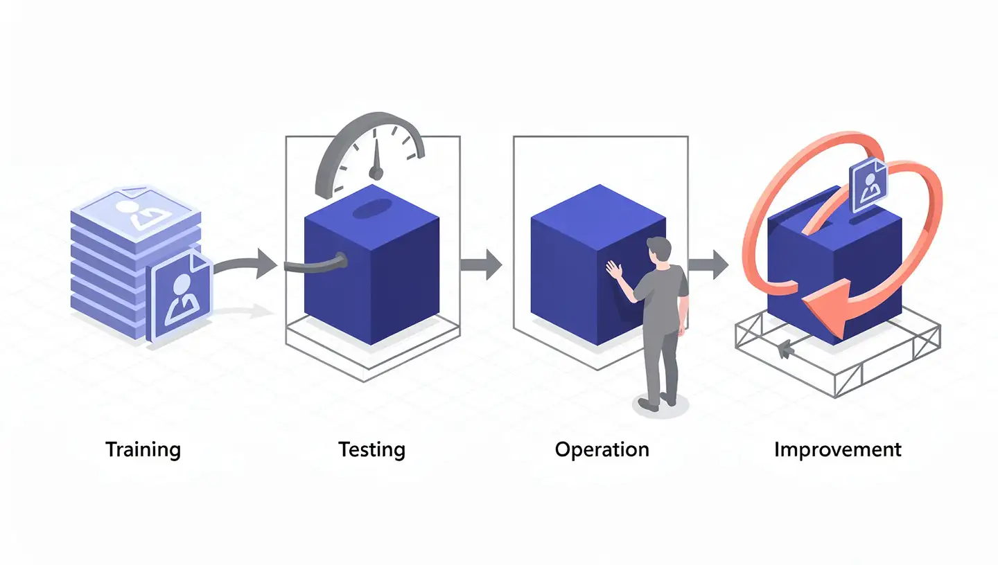 Four-stage diagram of how AI processes personal data: training, testing, operation, and improvement