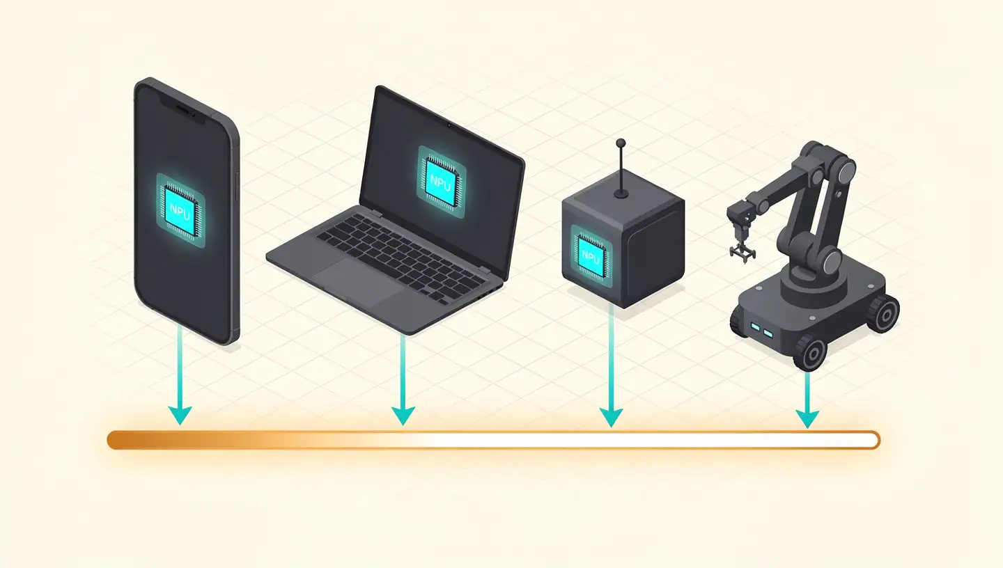 Smartphone, laptop, IoT sensor, and small robot — each containing a highlighted NPU chip inside