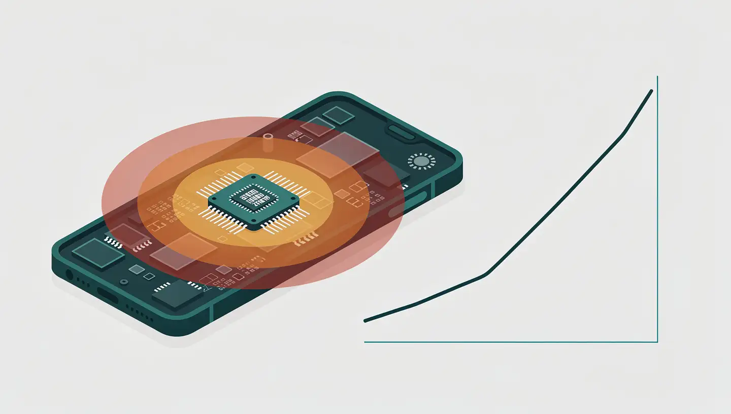 Isometric smartphone cross-section showing SoC heat zones with a performance graph declining over time — thermal throttling under sustained LLM inference