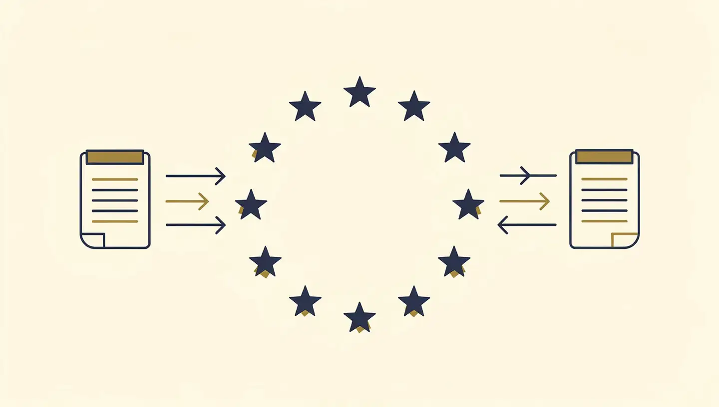 Flat vector illustration of EU data sovereignty — circle of stars with data flow arrows and legal document icons