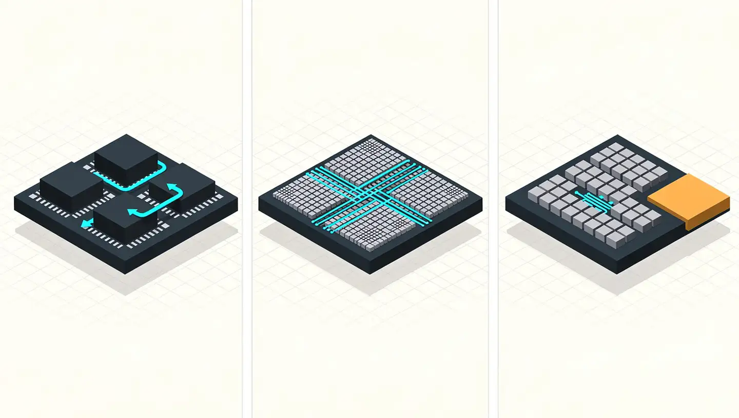 Side-by-side comparison of CPU, GPU, and NPU architectures showing different core layouts