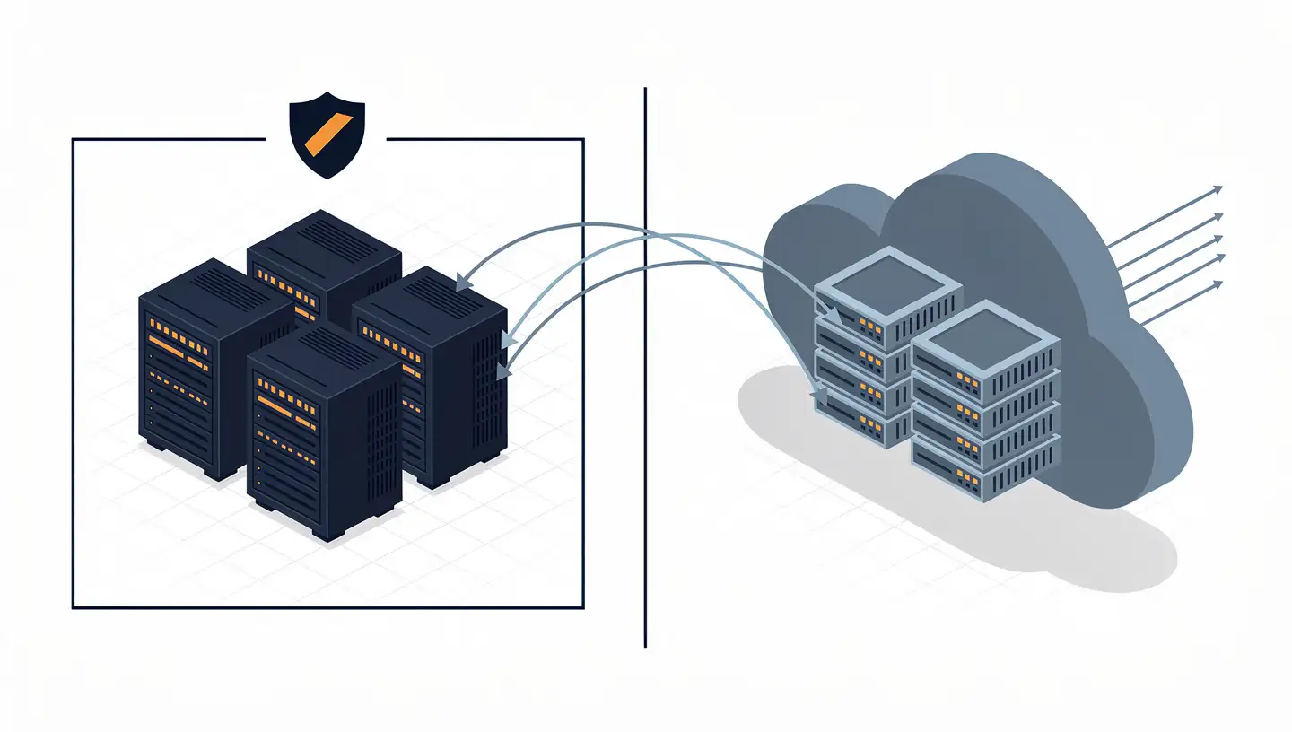 Enterprise architecture diagram showing private AI on-premise infrastructure alongside cloud AI services — hybrid deployment concept