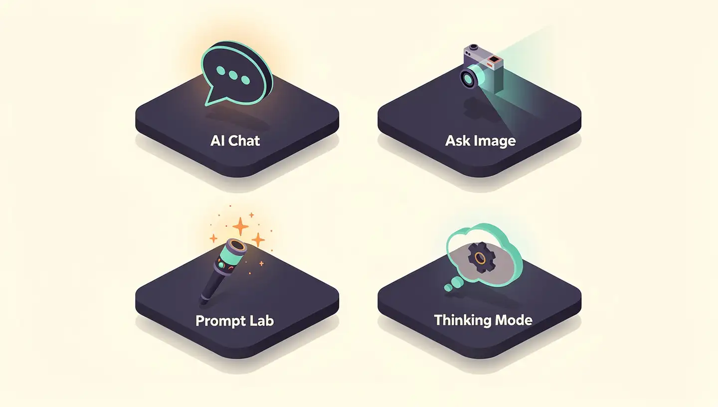 Isometric 2x2 grid of feature icons for the Gemma Android app — AI Chat, Ask Image, Prompt Lab, Thinking Mode