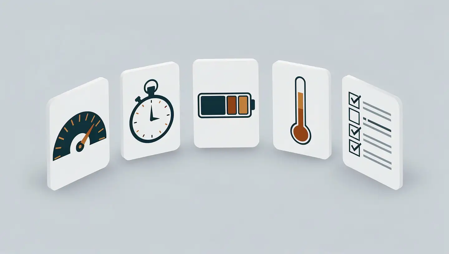 Five local LLM benchmark metrics shown as isometric gauge panels: throughput, latency, power, thermal, and task accuracy