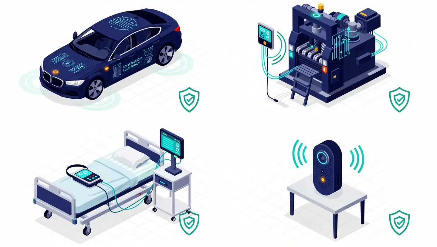 Edge AI use cases across autonomous vehicles, factory sensors, hospital monitoring, and smart home devices