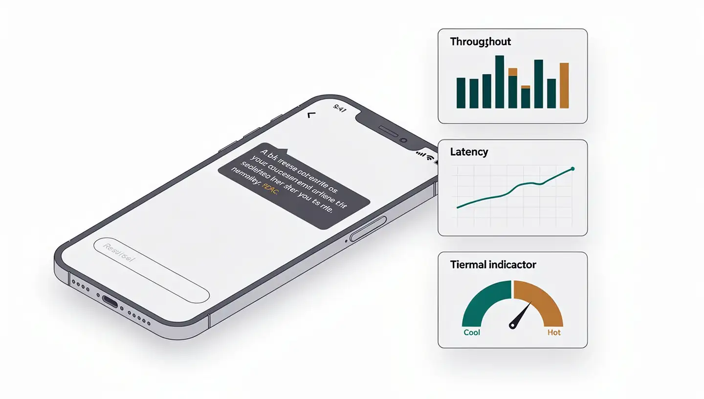 Isometric smartphone showing local LLM benchmark metrics — throughput, latency, and thermal performance indicators