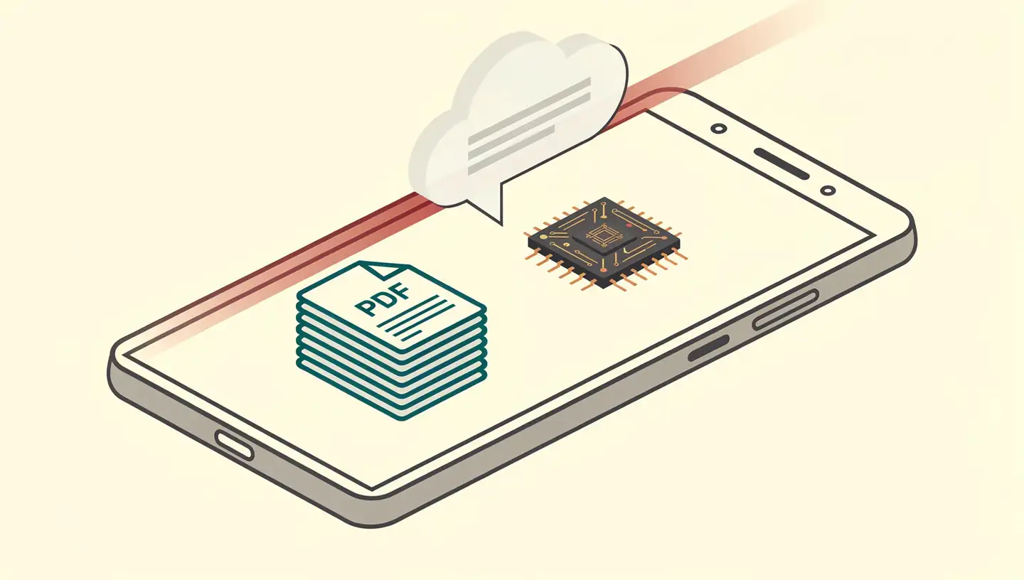 Isometric smartphone chatting with PDF documents on-device — no cloud upload, private PDF Q&A in 2026