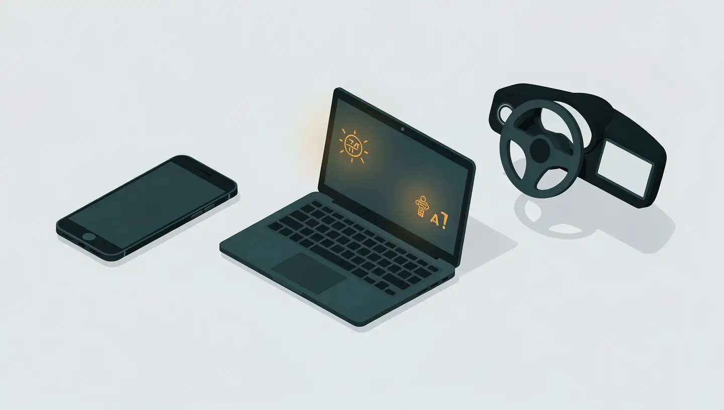 Isometric scene of devices with neural processing units — smartphone laptop and vehicle dashboard with subtle AI indicators