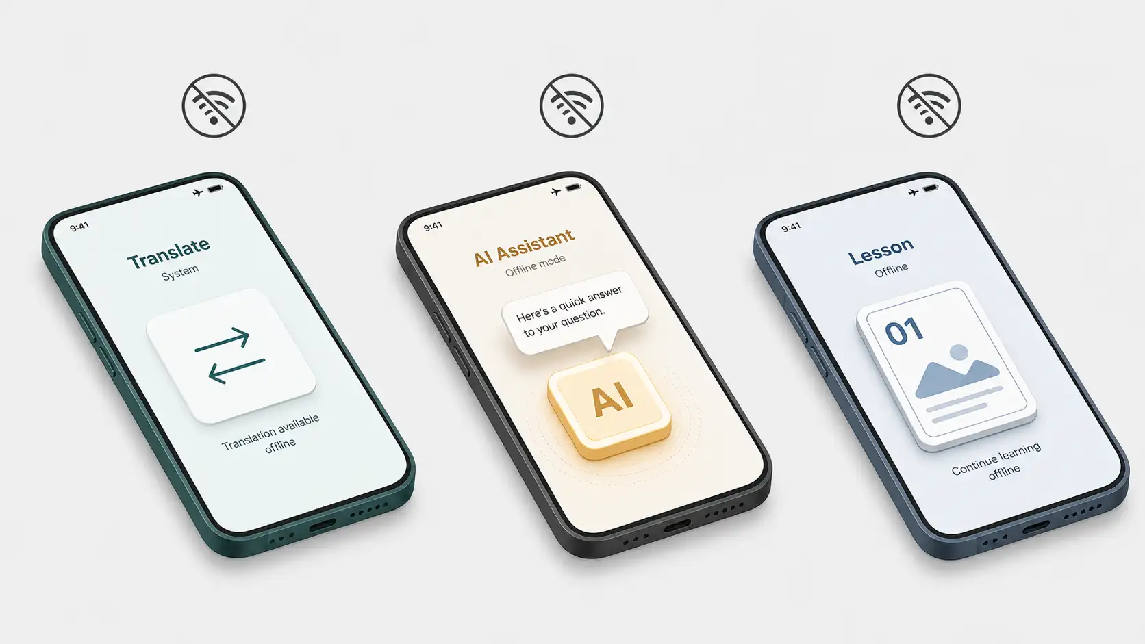 Isometric diagram of the offline language learning stack — Apple Intelligence, AI Edge Gallery, and SLMs running locally on a phone