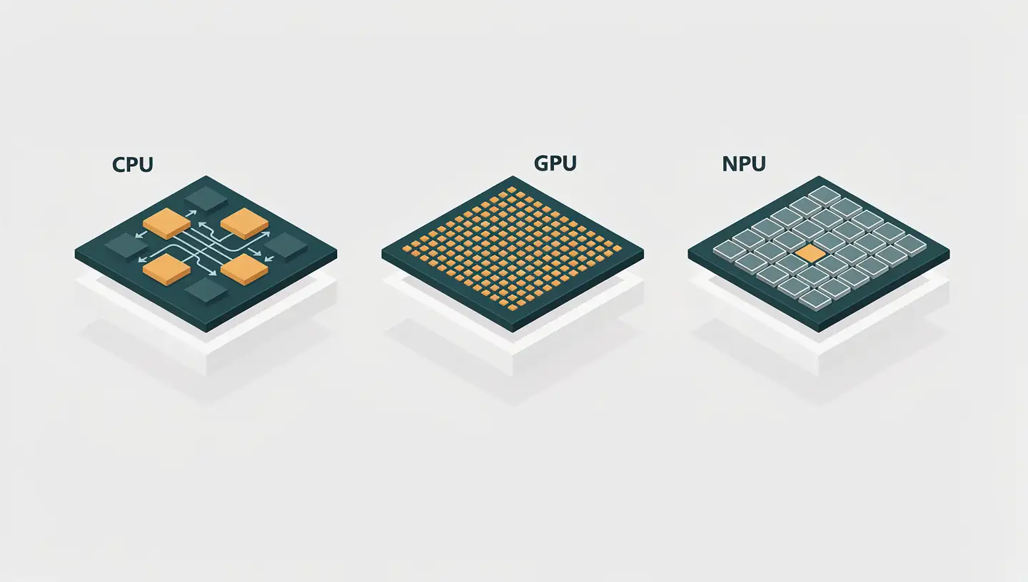 Isometric comparison of CPU GPU and NPU chip architectures with visual indicators of their processing approaches