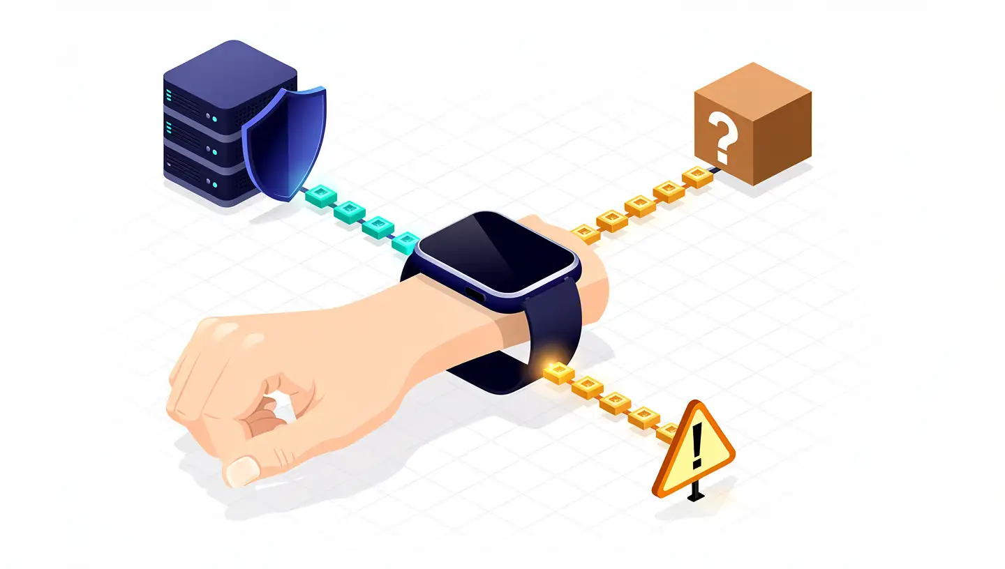 AI health wearable transmitting personal data along multiple paths, one secure and one unknown — privacy risk concept
