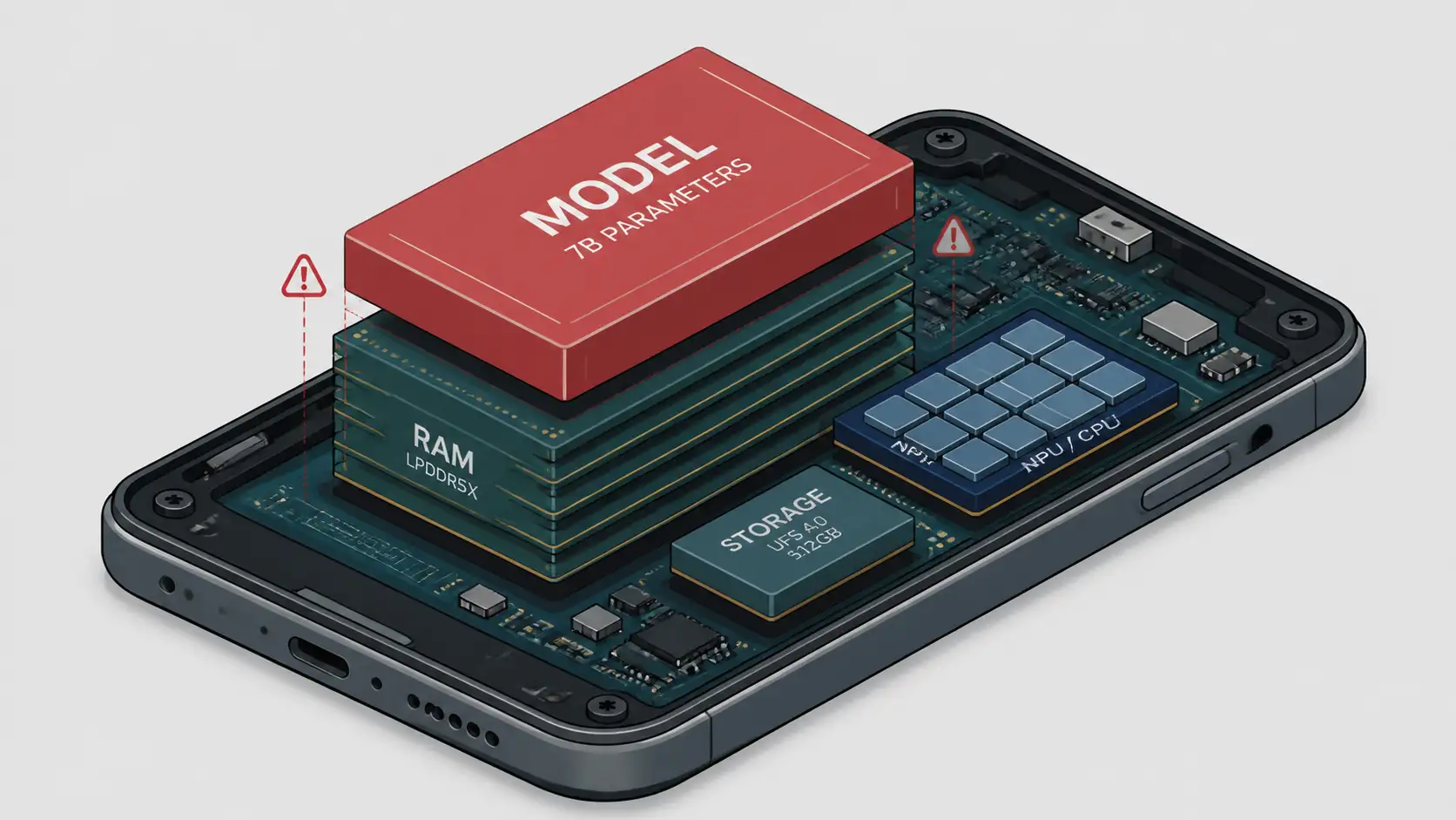 Isometric diagram of on-device AI agent hardware constraints — RAM, NPU, and model size limits