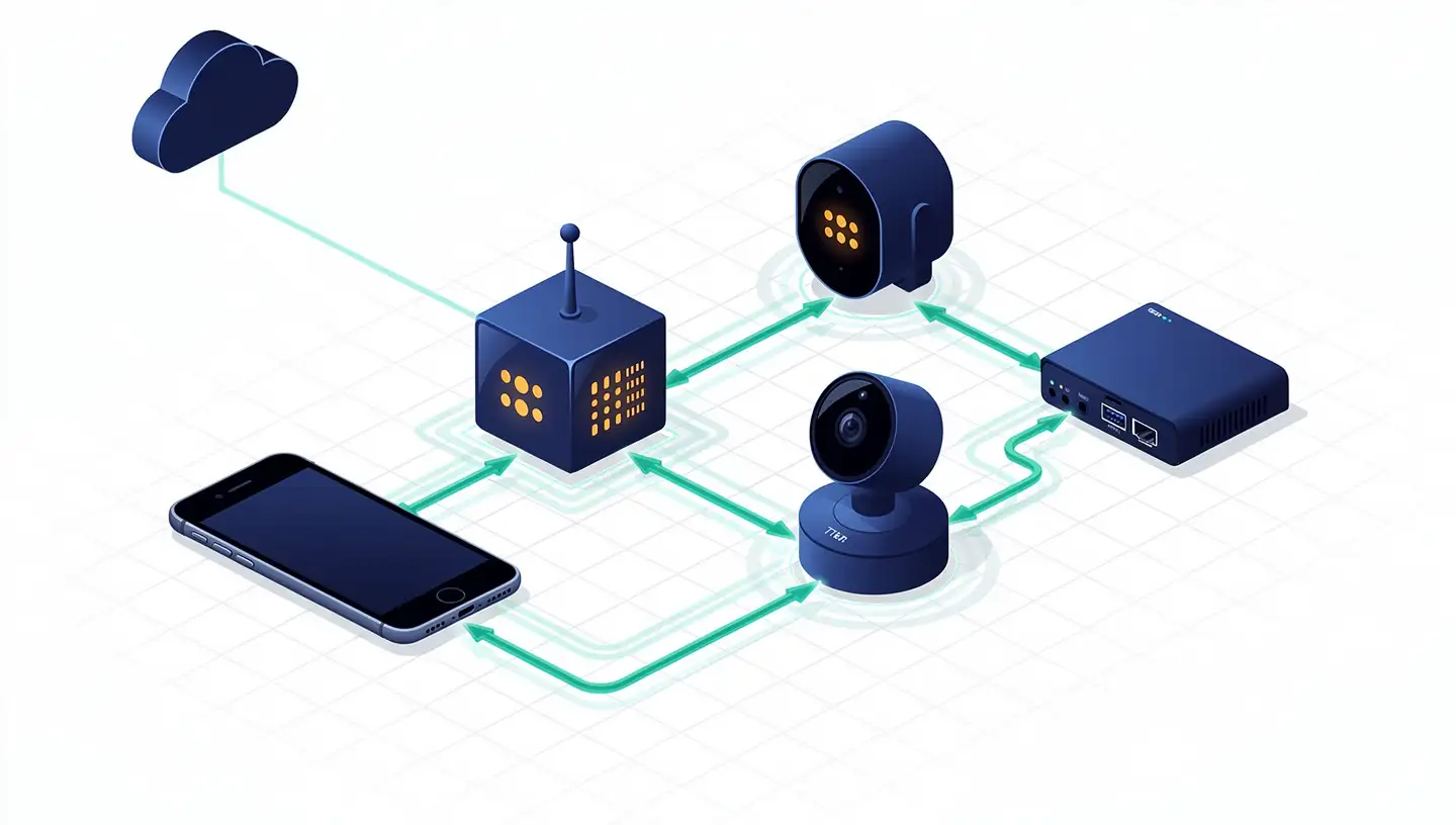 Edge AI architecture diagram showing devices processing data locally with limited cloud connection — edge computing concept illustration