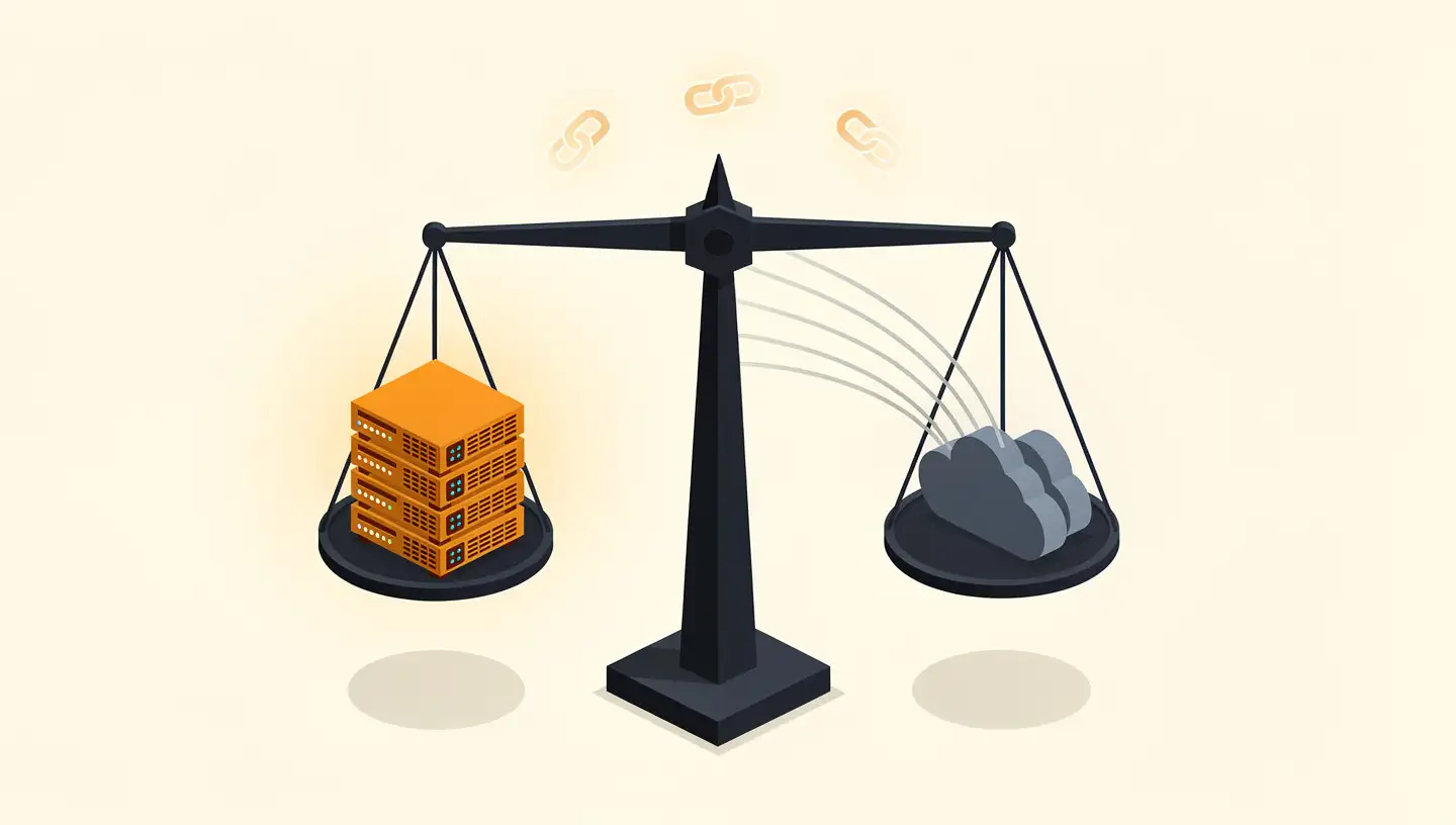 Isometric balance scale with private servers on one pan, cloud servers on the other, and small hybrid bridge icons connecting them