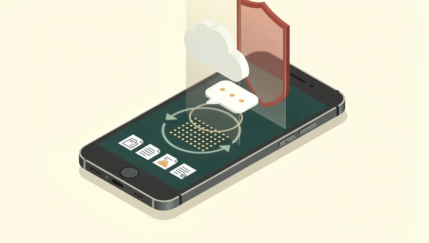 Isometric Android phone running on-device RAG — documents indexed locally and queried without cloud transmission
