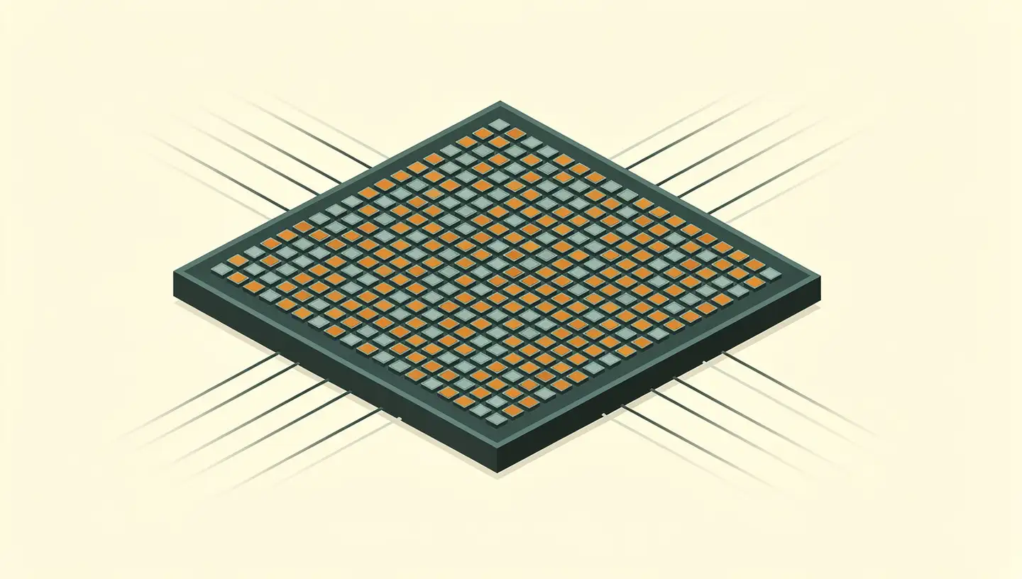 Isometric illustration of a neural processing unit chip with matrix computation cores — NPU specialized for AI workloads