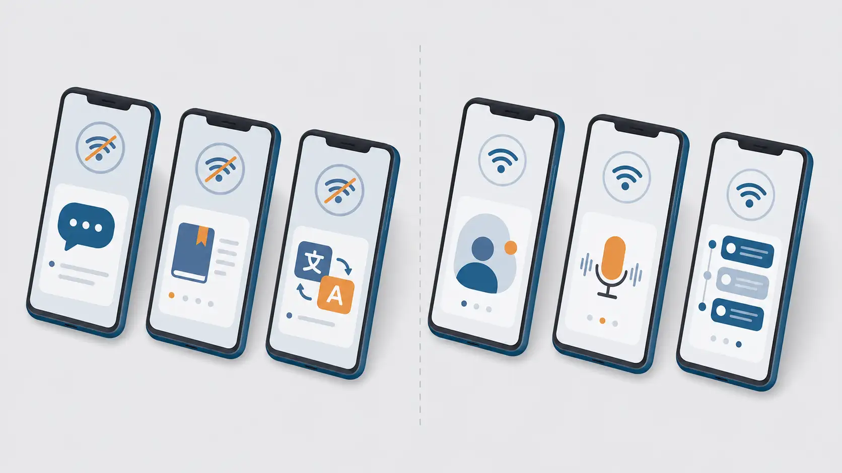 Isometric comparison of language learning apps by offline capability — Duolingo, LingoDeer, Talkpal, PocketPal AI