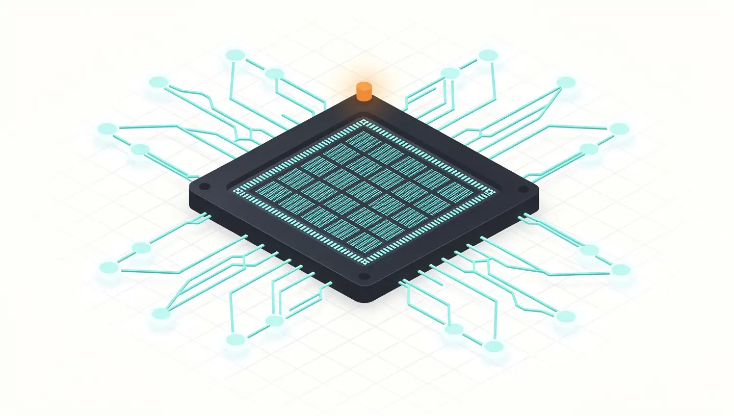 Neural Processing Unit chip with neural network connections — NPU architecture concept illustration