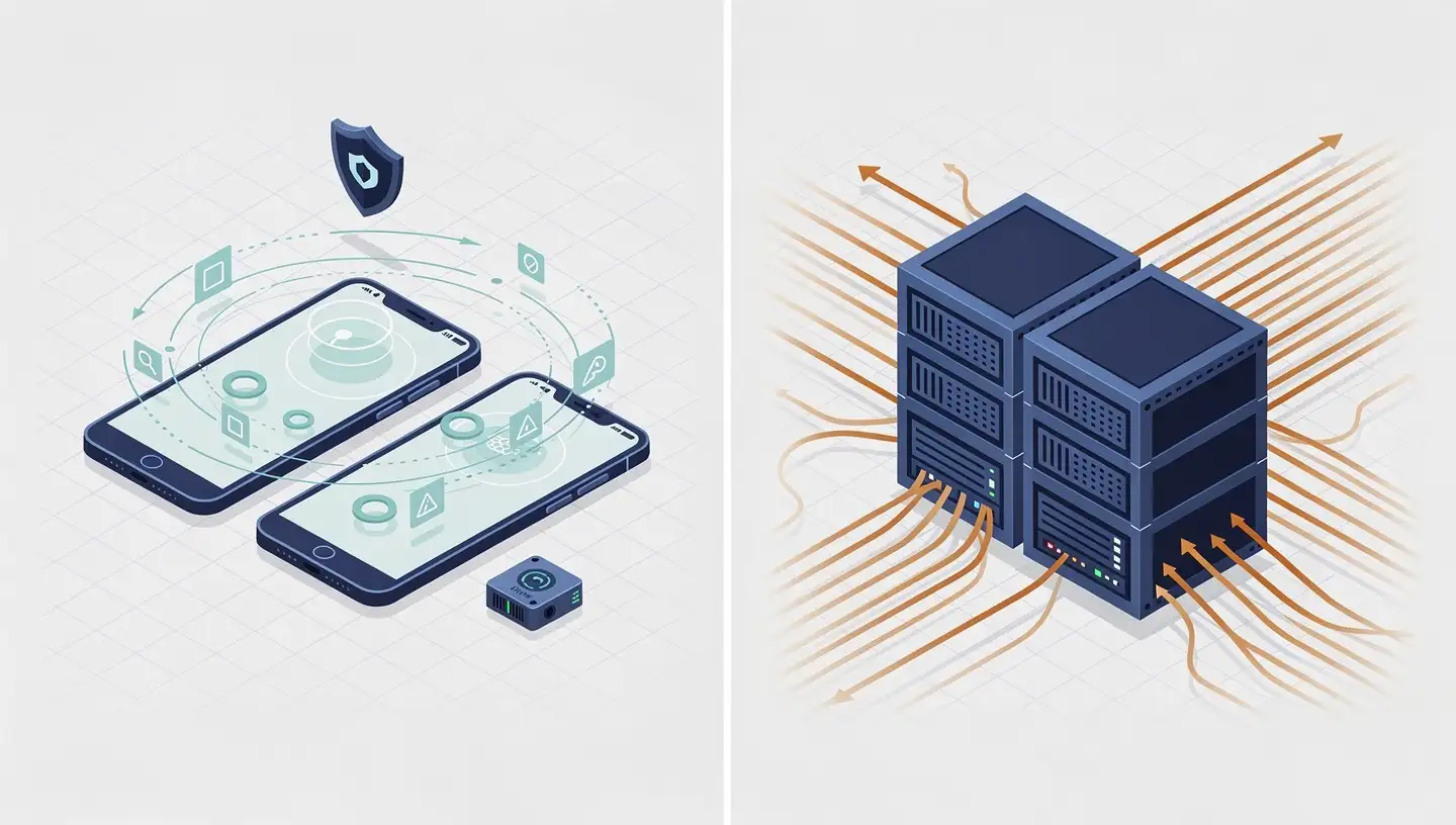 Side-by-side diagram of edge AI processing data locally on devices versus cloud AI sending data to a centralized server cluster